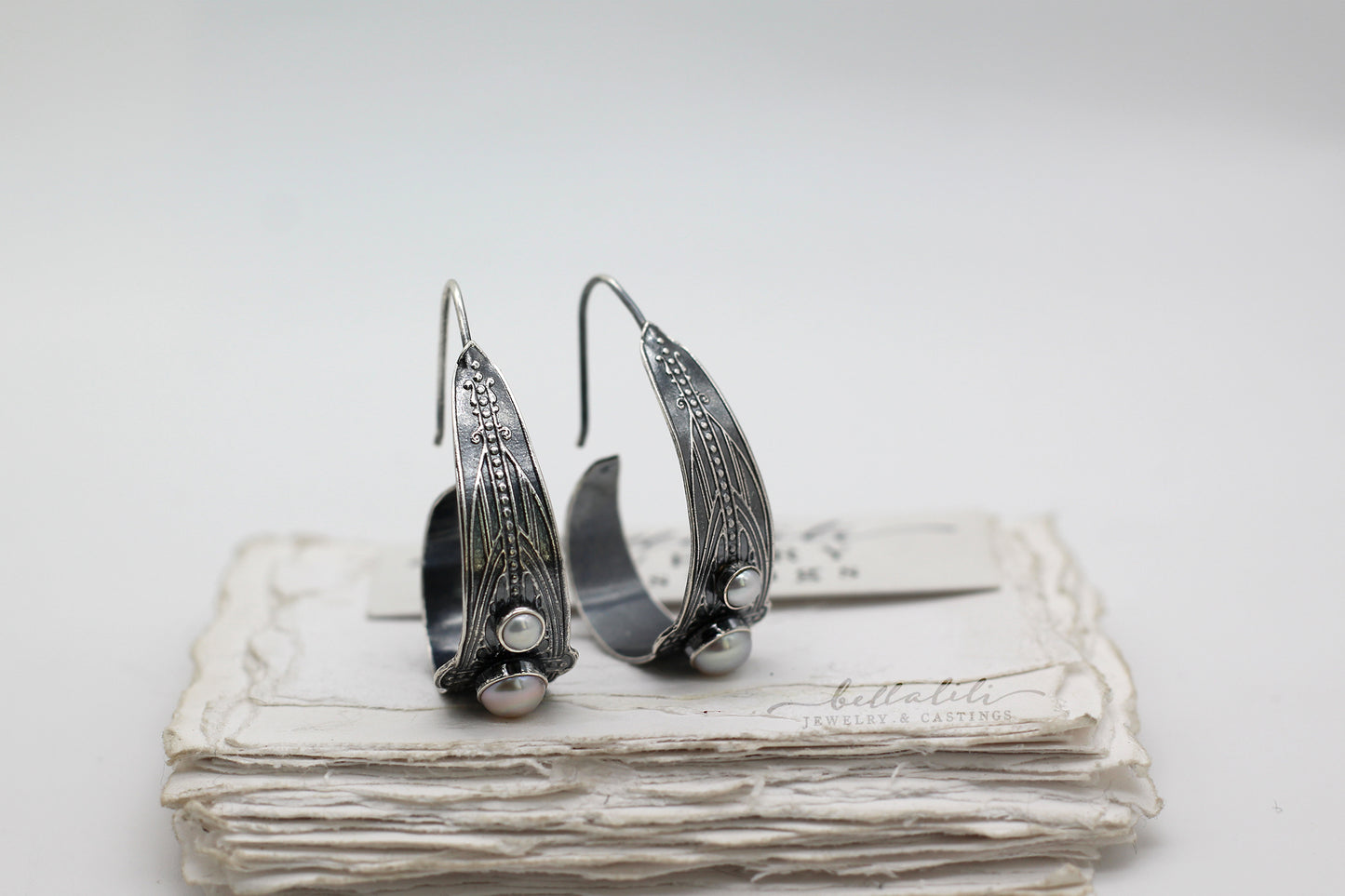 MTO Pearl, Art Deco Scroll Hoops Sterling Silver