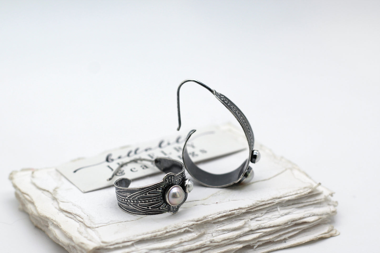 MTO Pearl, Art Deco Scroll Hoops Sterling Silver