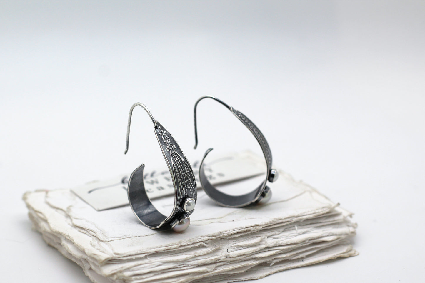 MTO Pearl, Art Deco Scroll Hoops Sterling Silver