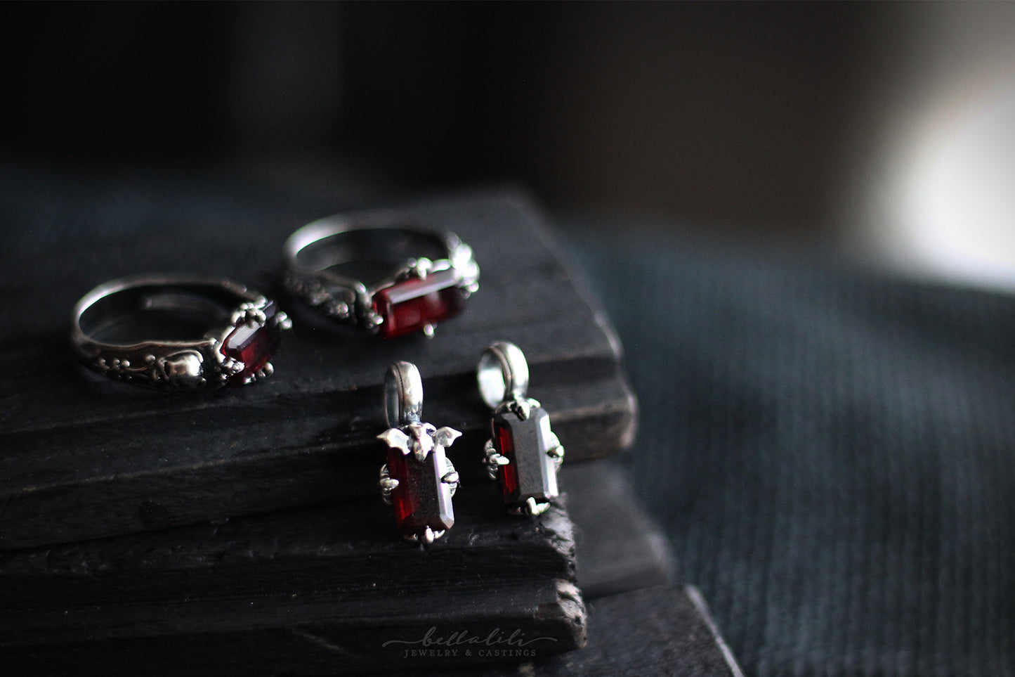 Hades + Persephone Ring, Garnet Baguette Sterling