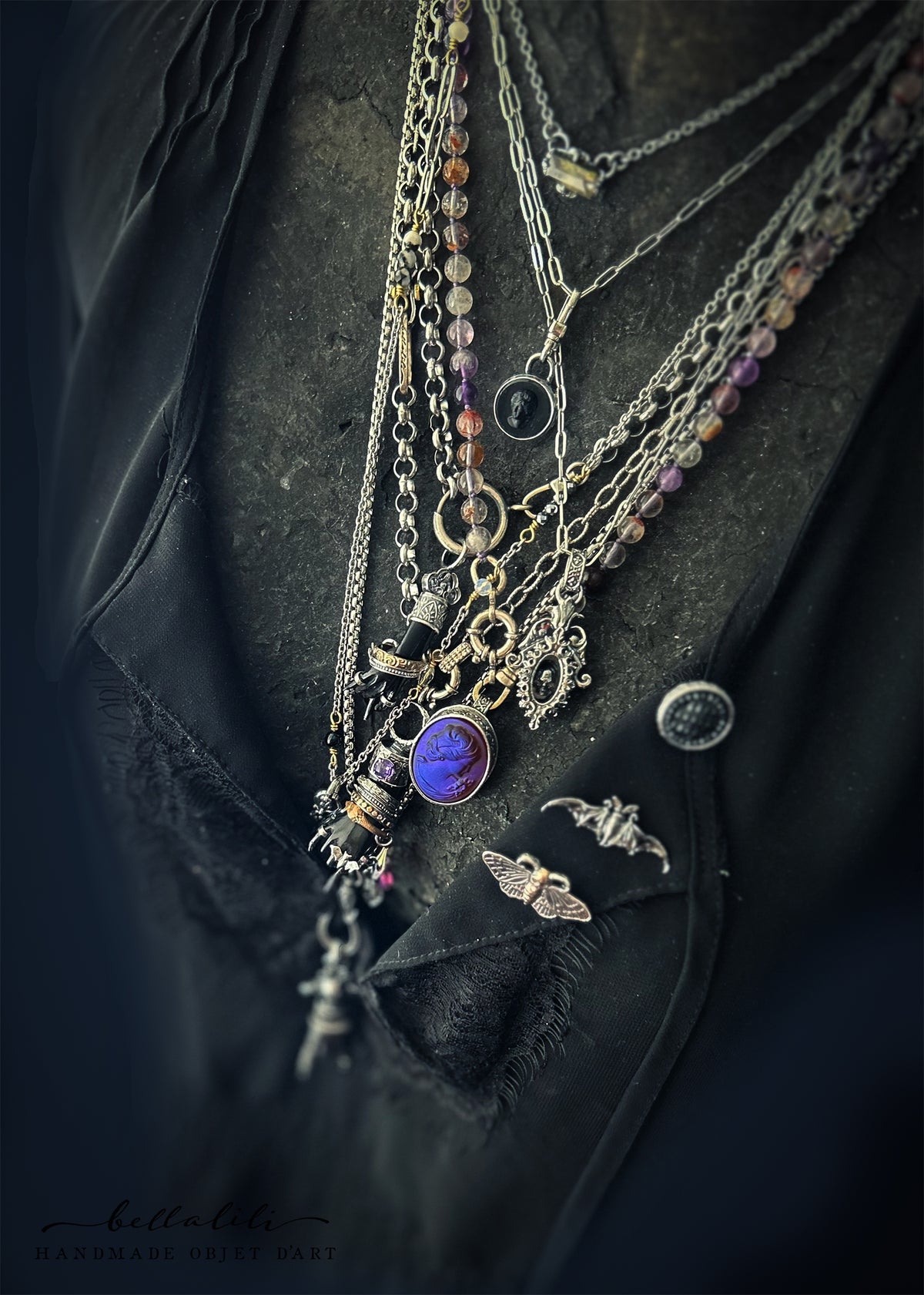 Purple Phantom Quartz Necklace, 22" hand knotted Sterling Silver