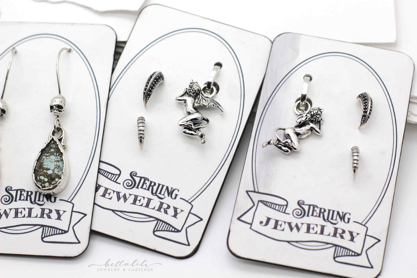 Sinner Huggie Hoops, 3 single Sterling Earrings