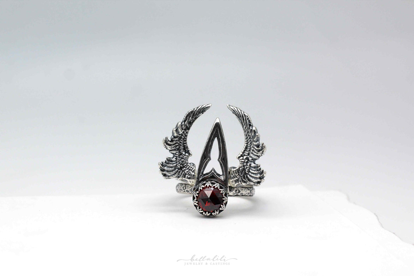 MTO Vessel, Garnet Cathedral Talon Ring Sterling Silver Alt Ring