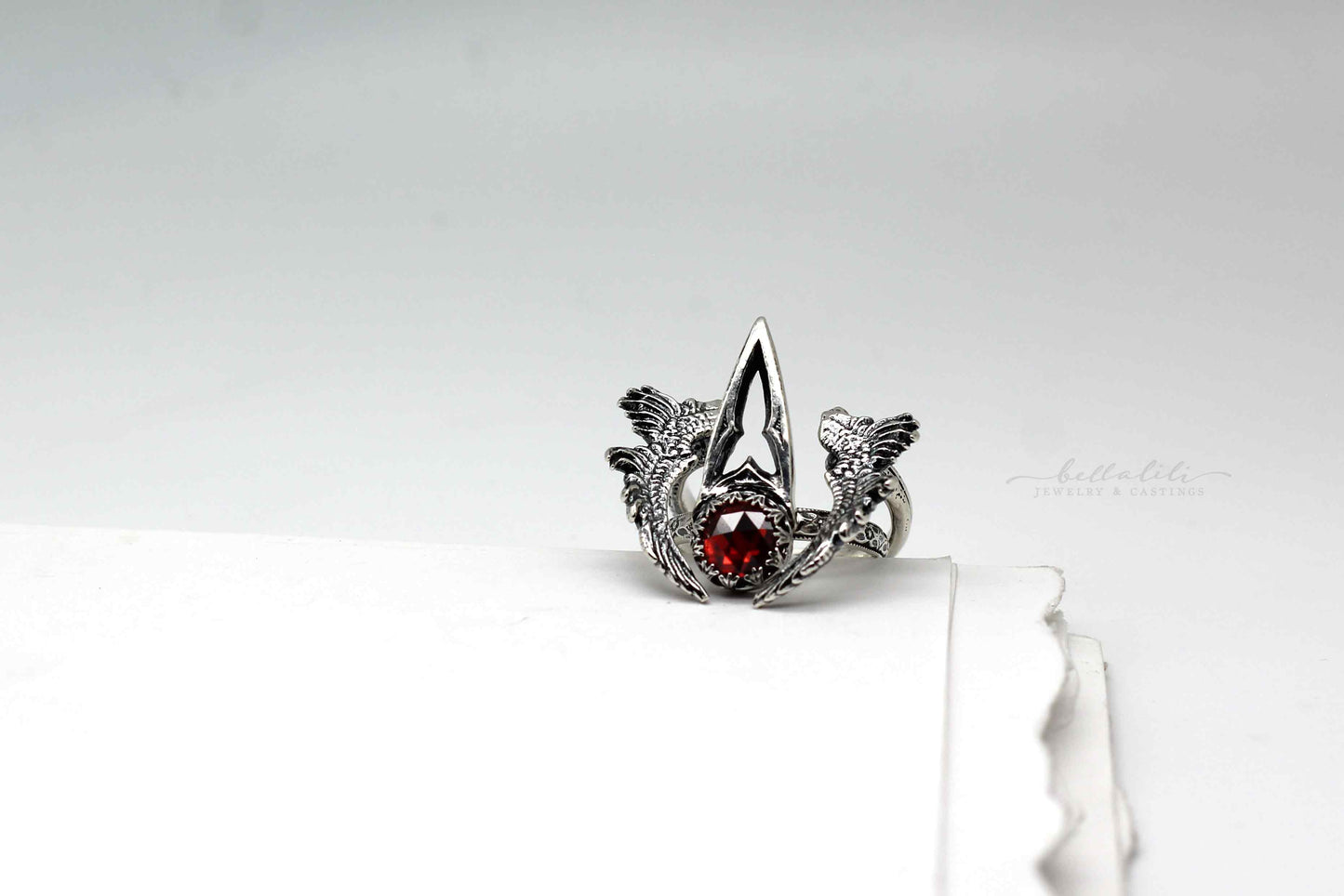 MTO Vessel, Garnet Cathedral Talon Ring Sterling Silver Alt Ring