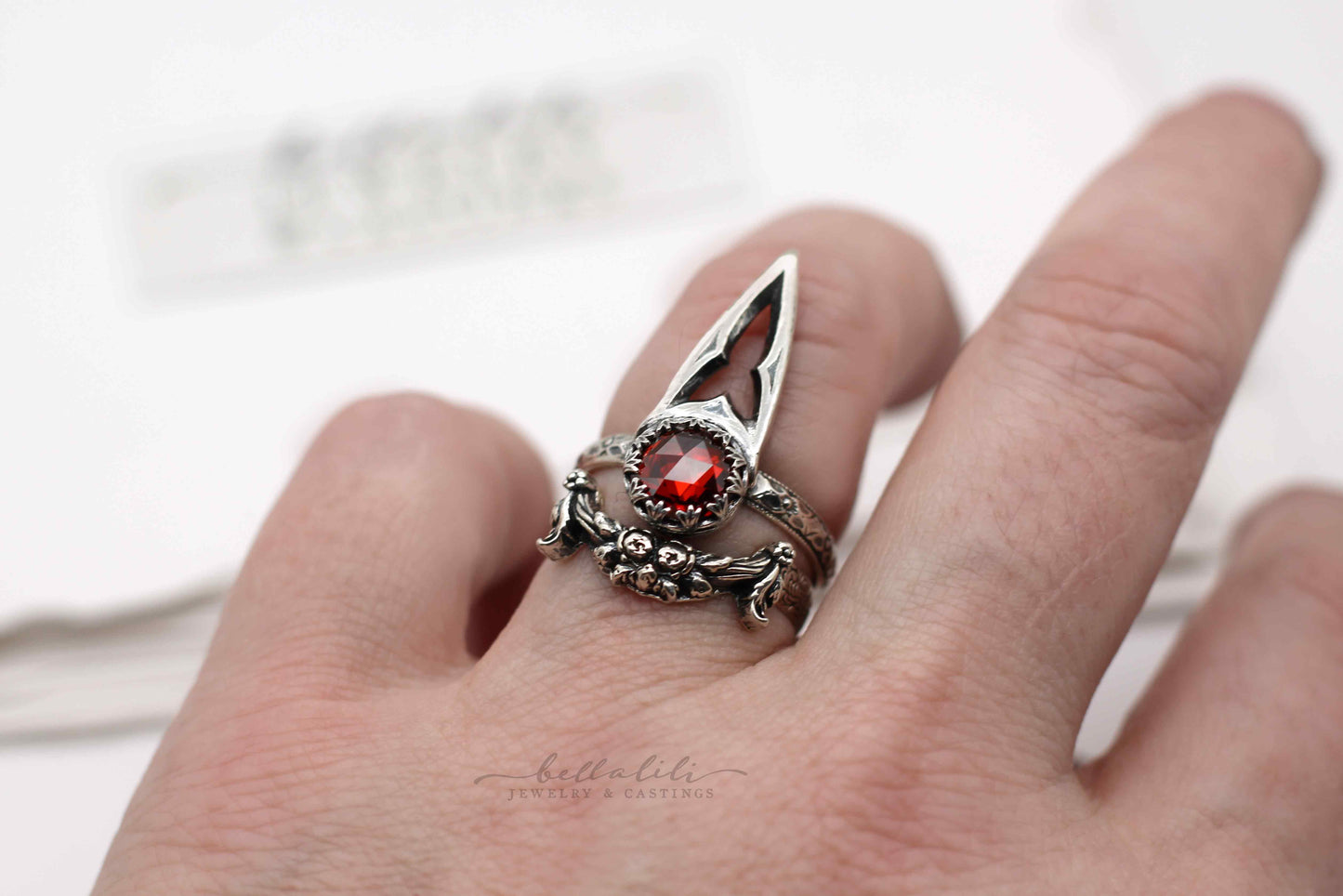 MTO Vessel, Garnet Cathedral Talon Ring Sterling Silver Alt Ring