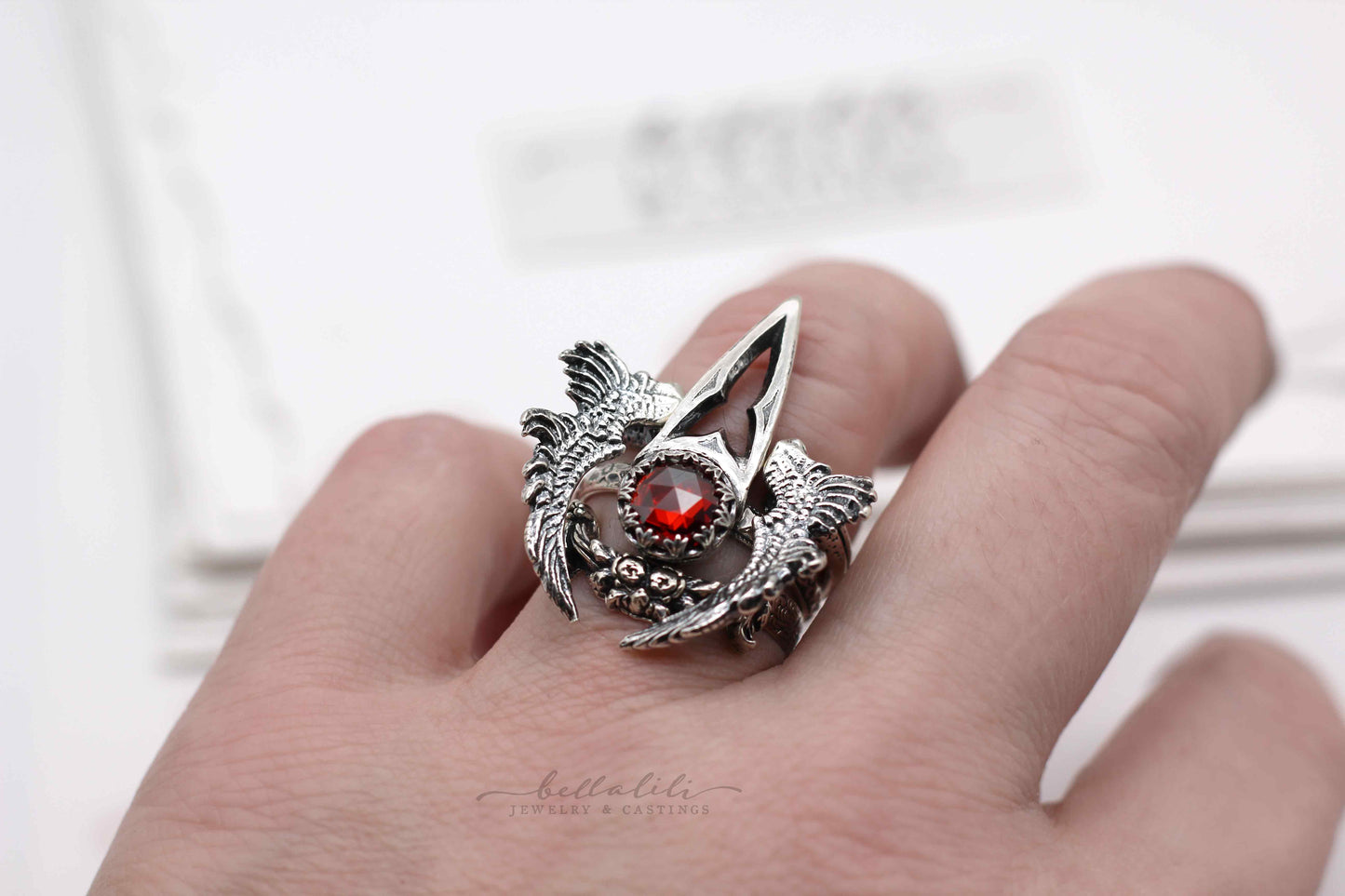 MTO Vessel, Garnet Cathedral Talon Ring Sterling Silver Alt Ring