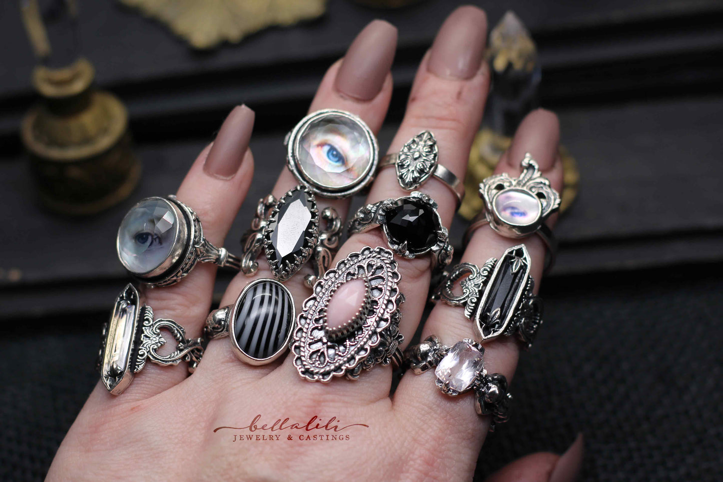 Beetlejuice Ring, Vintage Striped Glass and Skull Ring