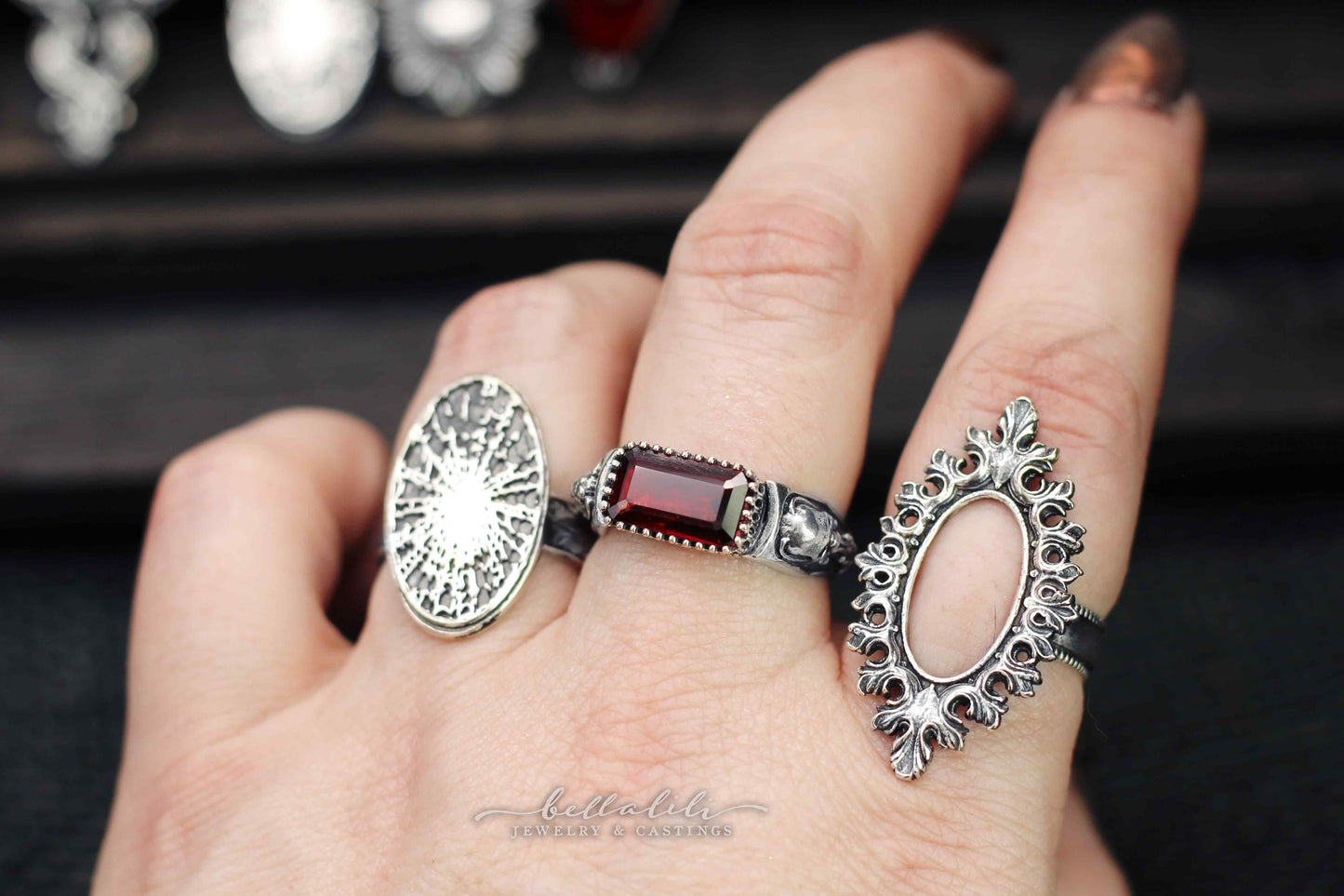 Hades + Persephone, Garnet Baguette Ring, Sterling Silver