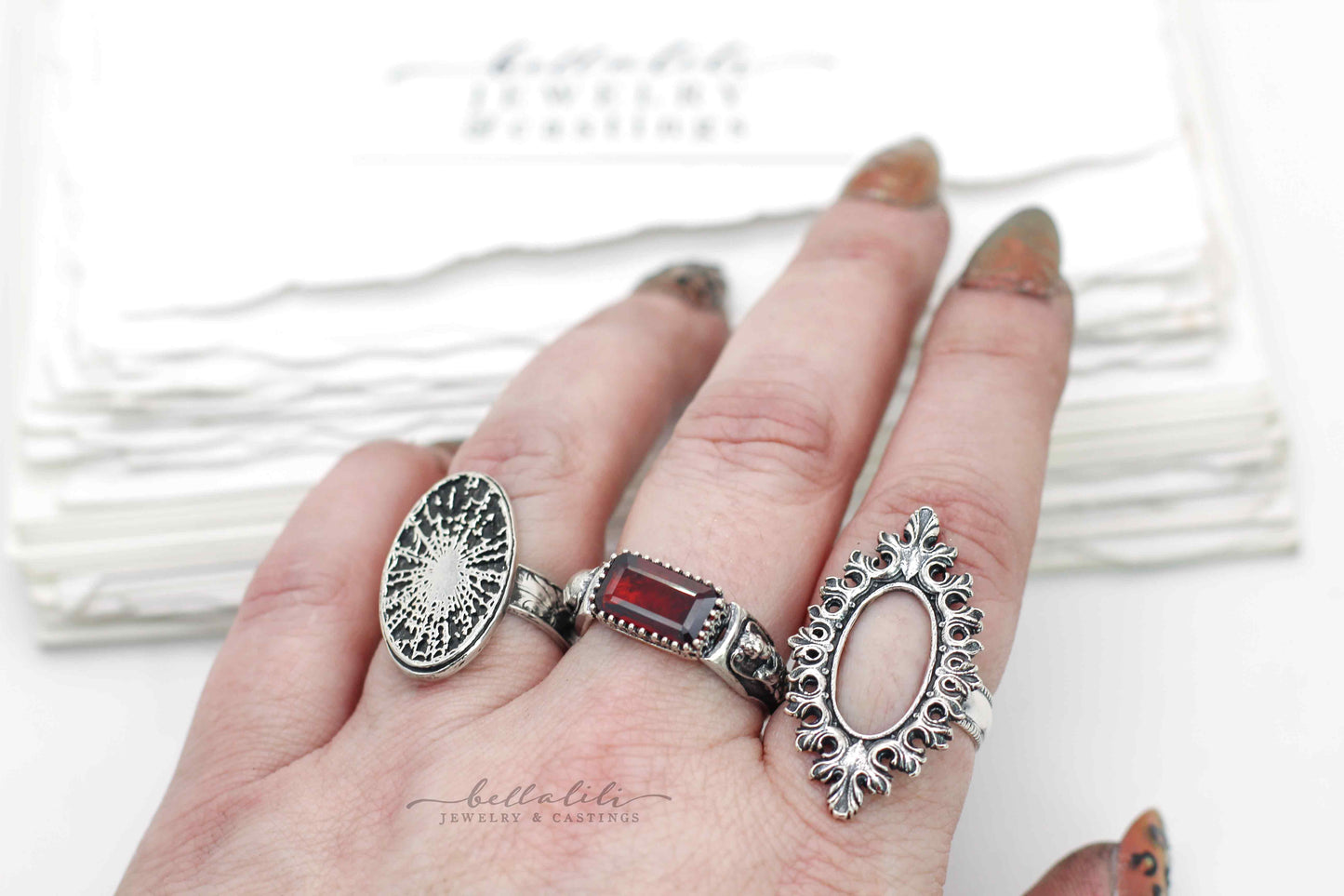 Hades + Persephone, Garnet Baguette Ring, Sterling Silver