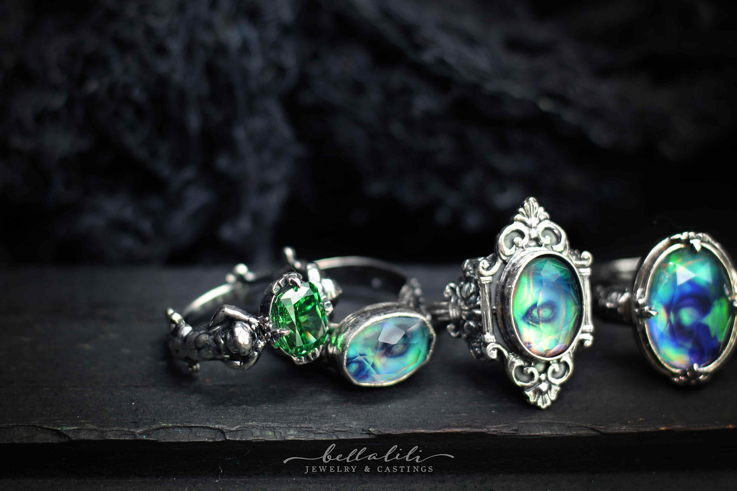 Emerald Green Ring, Cherubs Sterling Silver