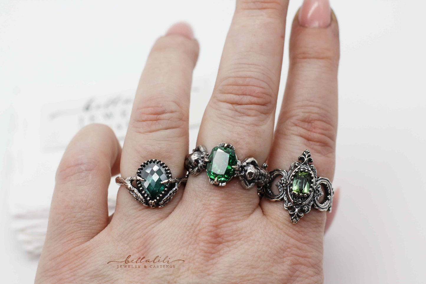 Emerald Green Ring, Cherubs Sterling Silver