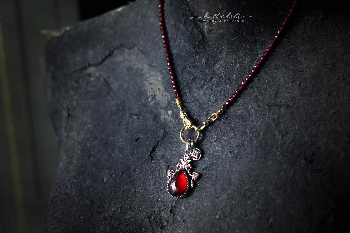 Tears of Garnet Pendant, Sterling & gold