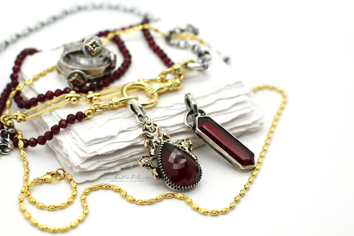 Tears of Garnet Pendant, Sterling & gold