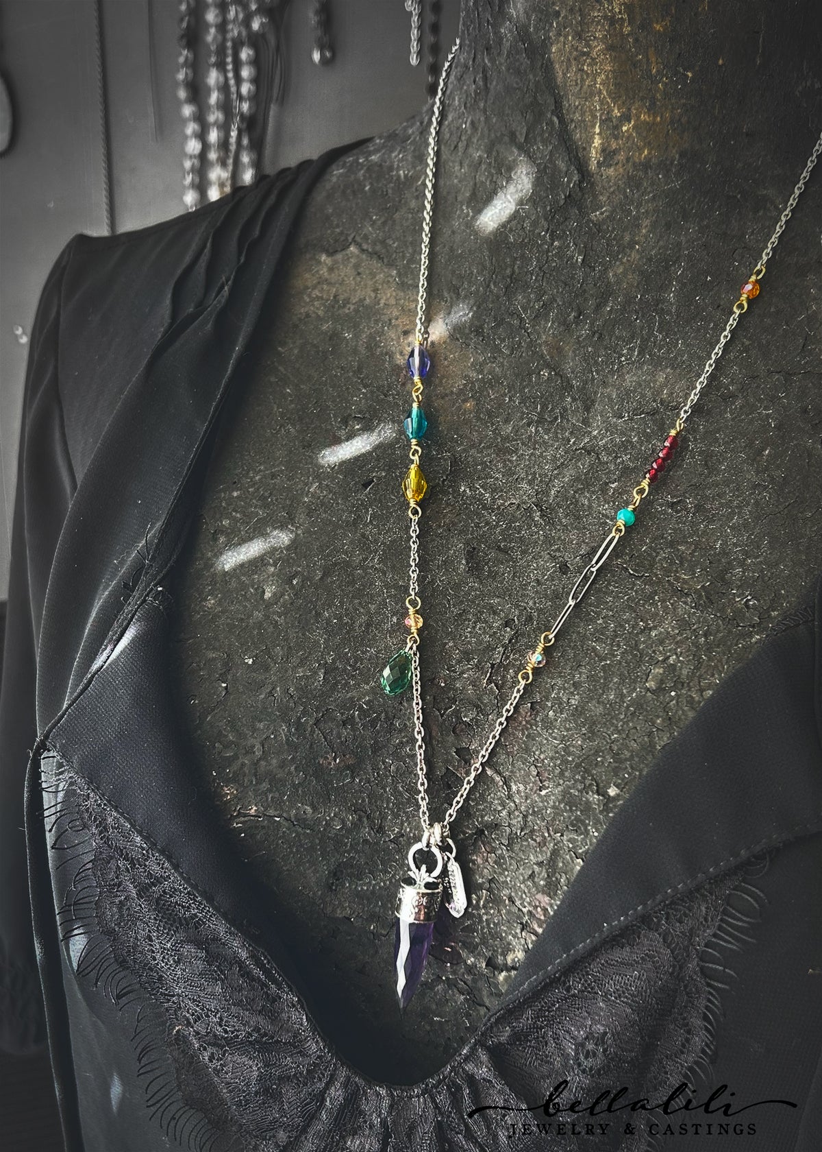 Ianthe Pendulum Necklace, 24" Sterling & Stainless
