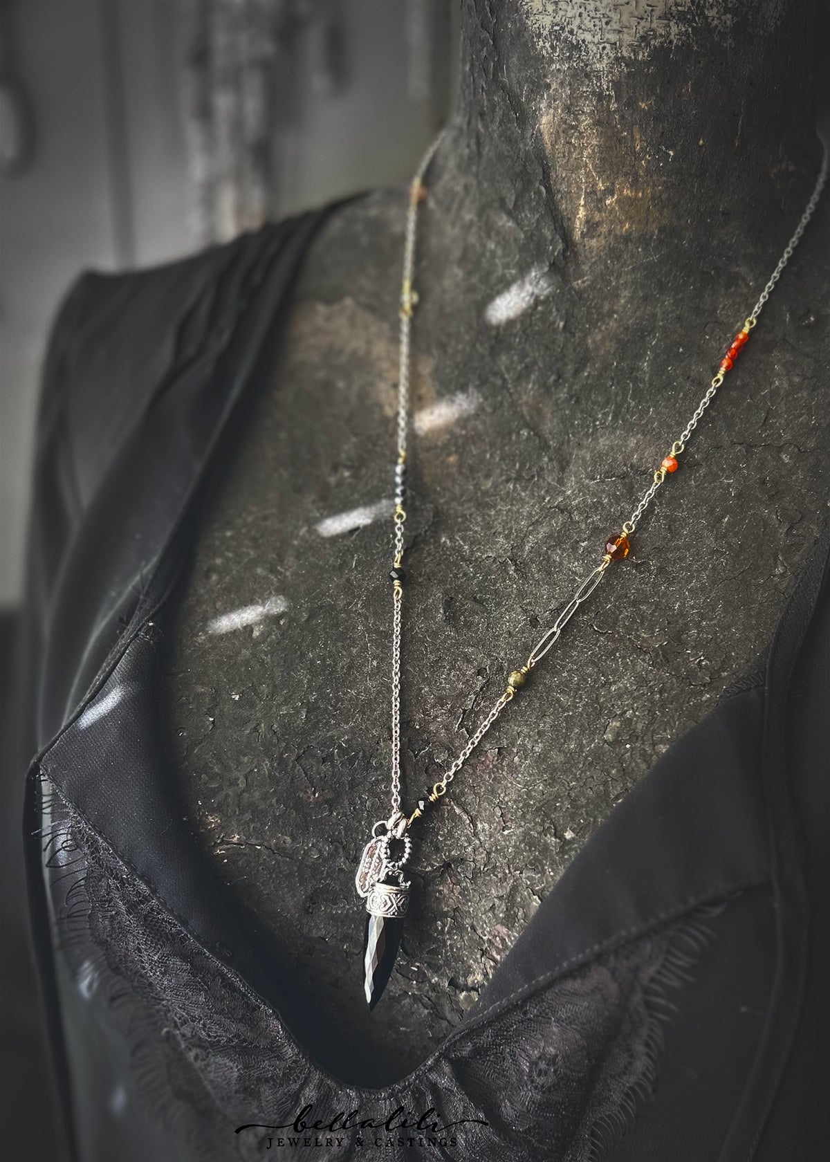 Lucinda, Black and Orange Crystal Point Pendulum Necklace
