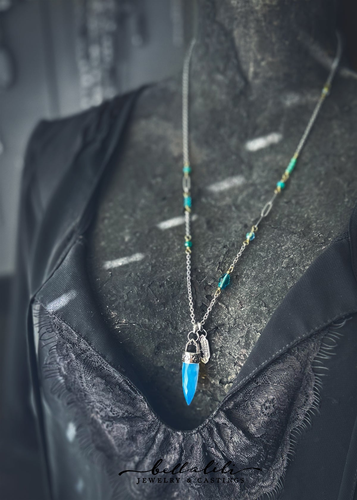 Cosette, Blue Opalite Crystal Point Pendulum Necklace