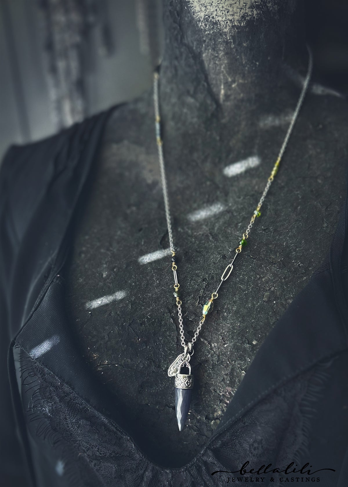 Salem, Cat's Eye Gray & Green Crystal Pendulum necklace