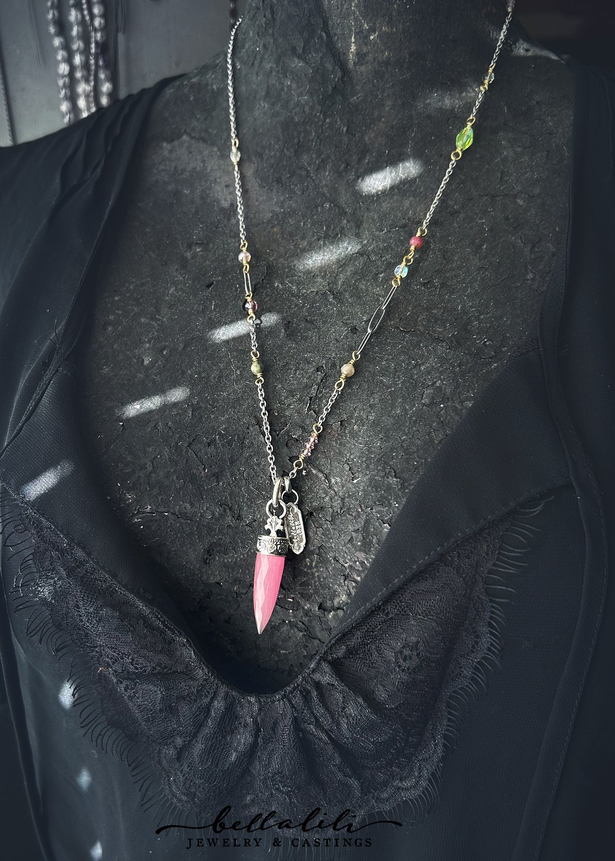 Rosemarie, Pink Cats eye Pendulum Crystal Point Beaded Necklace
