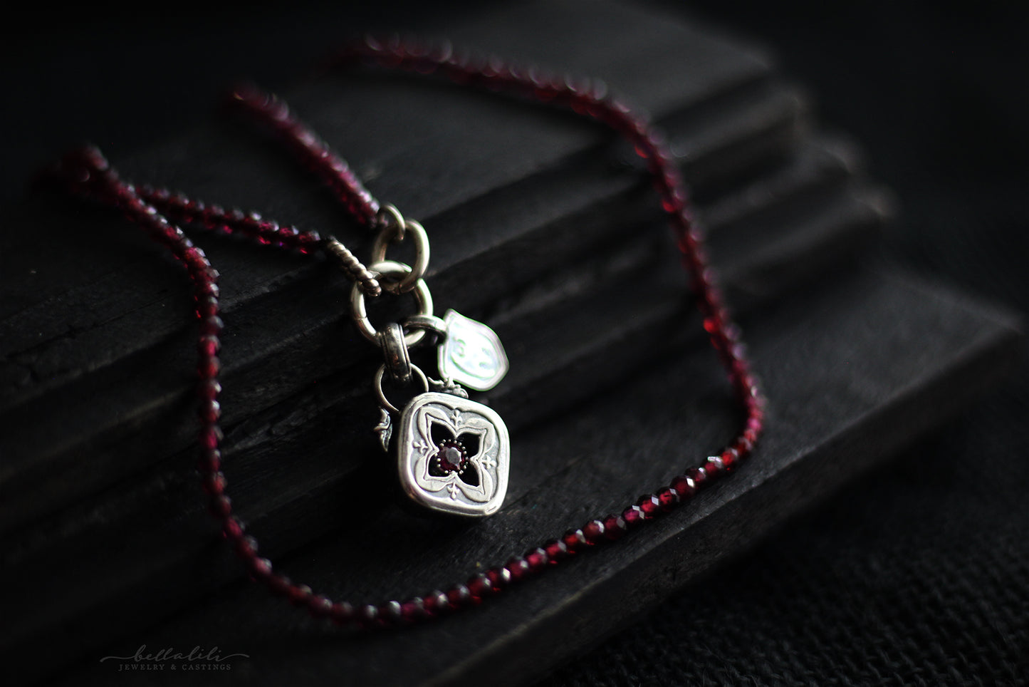 Caerwyn, Mini Shadowbox No4 garnet sterling silver pendant