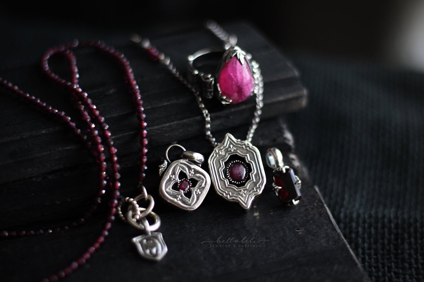 Caerwyn, Mini Shadowbox No4 garnet sterling silver pendant