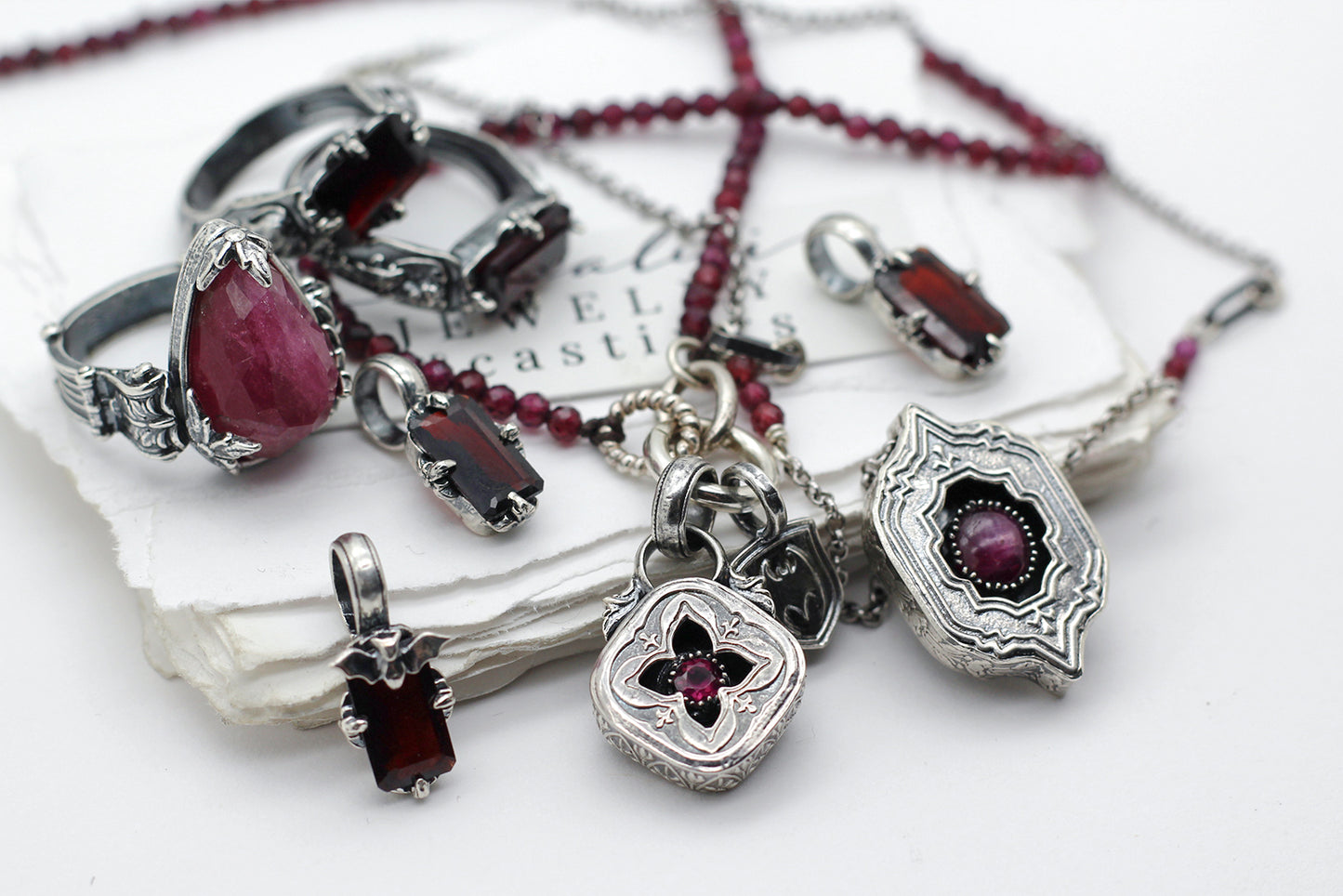 Hades + Persephone Ring, Garnet Baguette Sterling