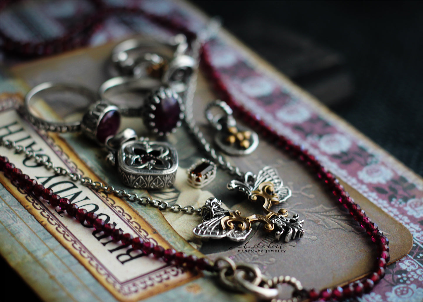 the Burgundy Oath, Mini Shadowbox garnet sterling silver pendant