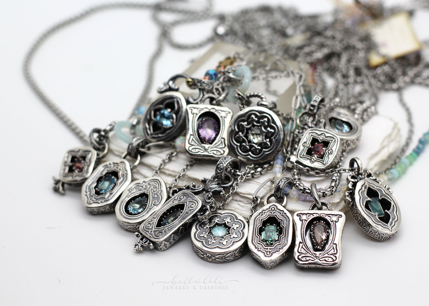 Delphine, Aquamarine Sterling Shadowbox Necklace