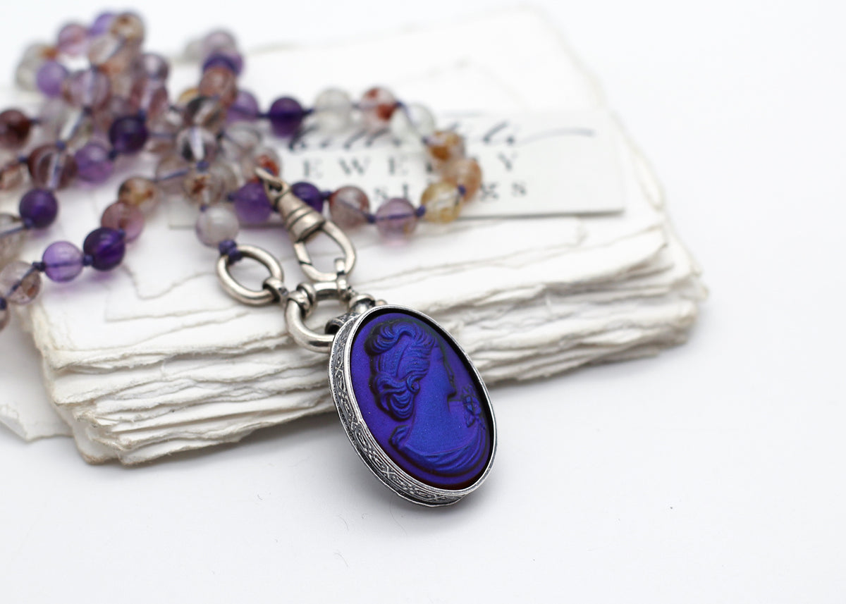 Purple Phantom Quartz Necklace, 22" hand knotted Sterling Silver
