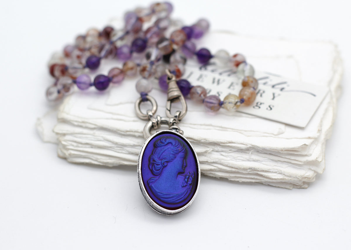 Purple Phantom Quartz Necklace, 22" hand knotted Sterling Silver