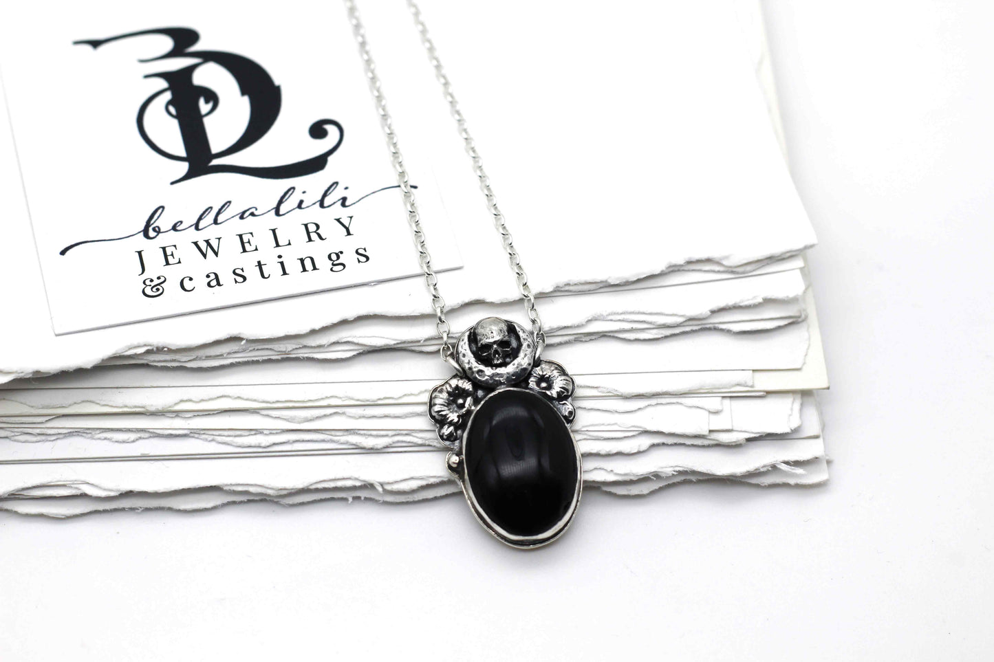 Dark of a Moon, Black Onyx and Skull moon necklace