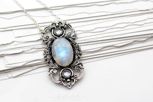 Rainbow Moonstone Art Nouveau Necklace, in Sterling Silver