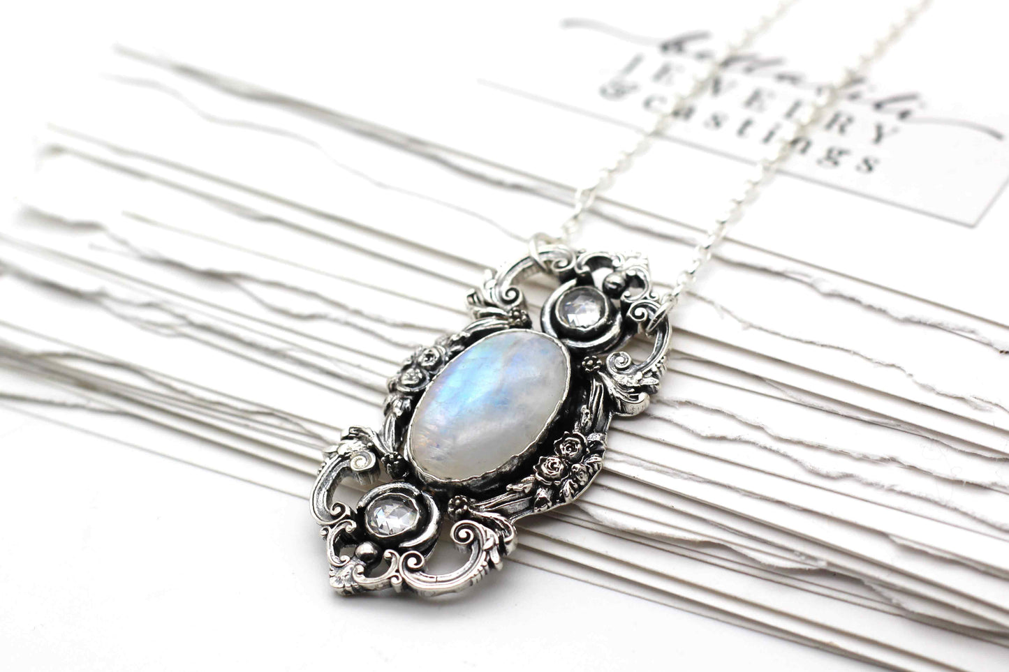 Rainbow Moonstone Art Nouveau Necklace, in Sterling Silver