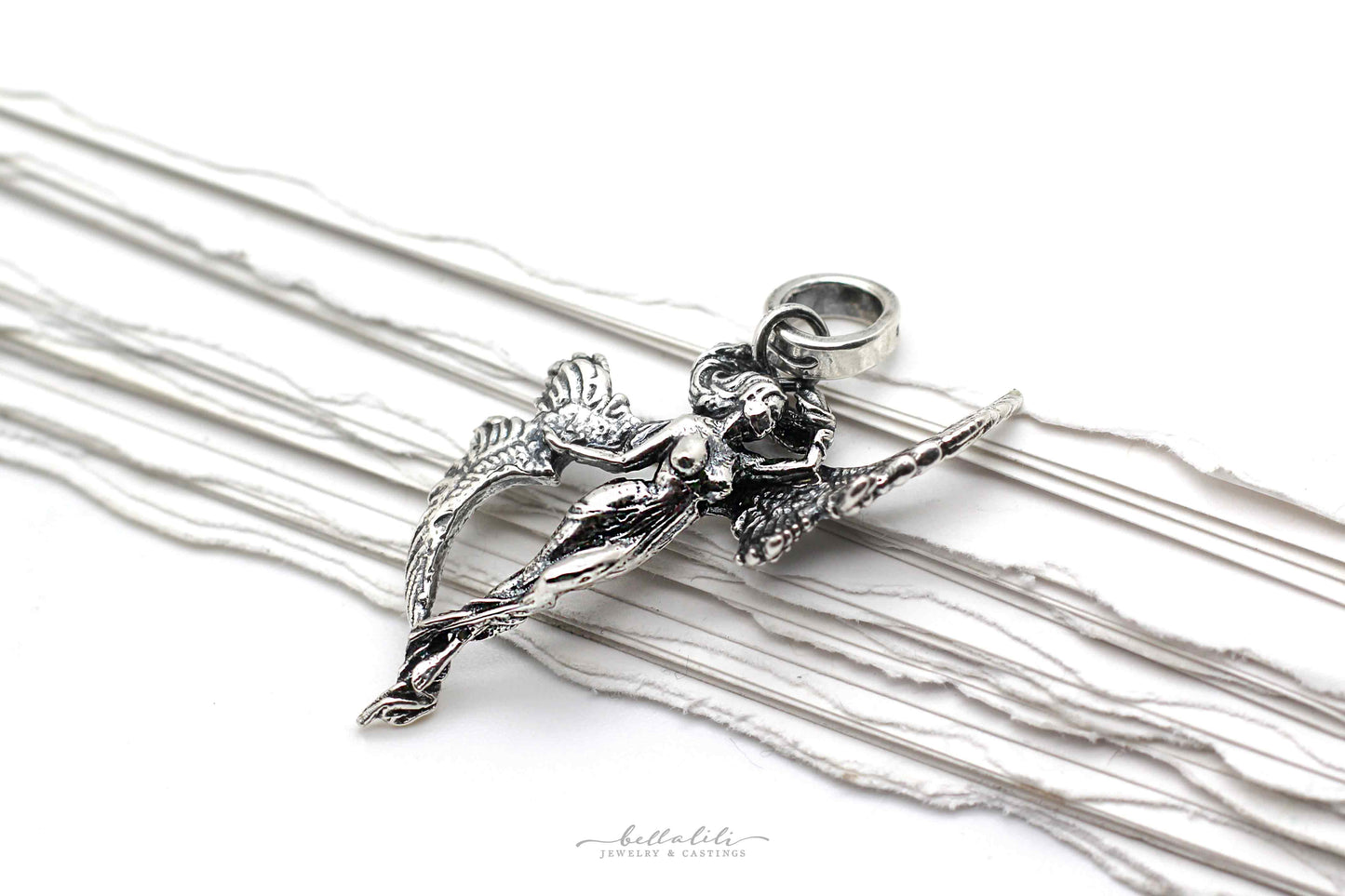 Air Elemental, Winged Fey, Dark Art Nouveau Sterling silver Necklace