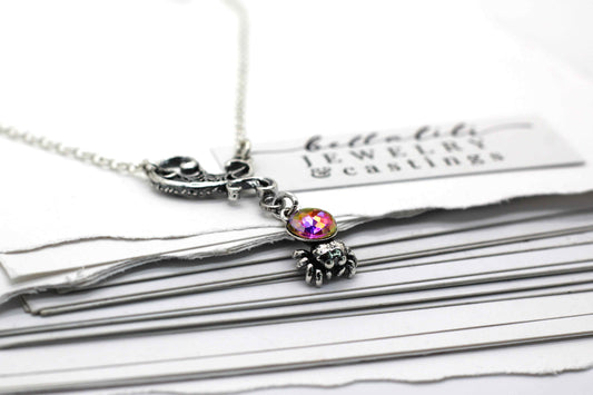 Madame Web, Jumping Spider Crystal Necklace, Sterling Silver