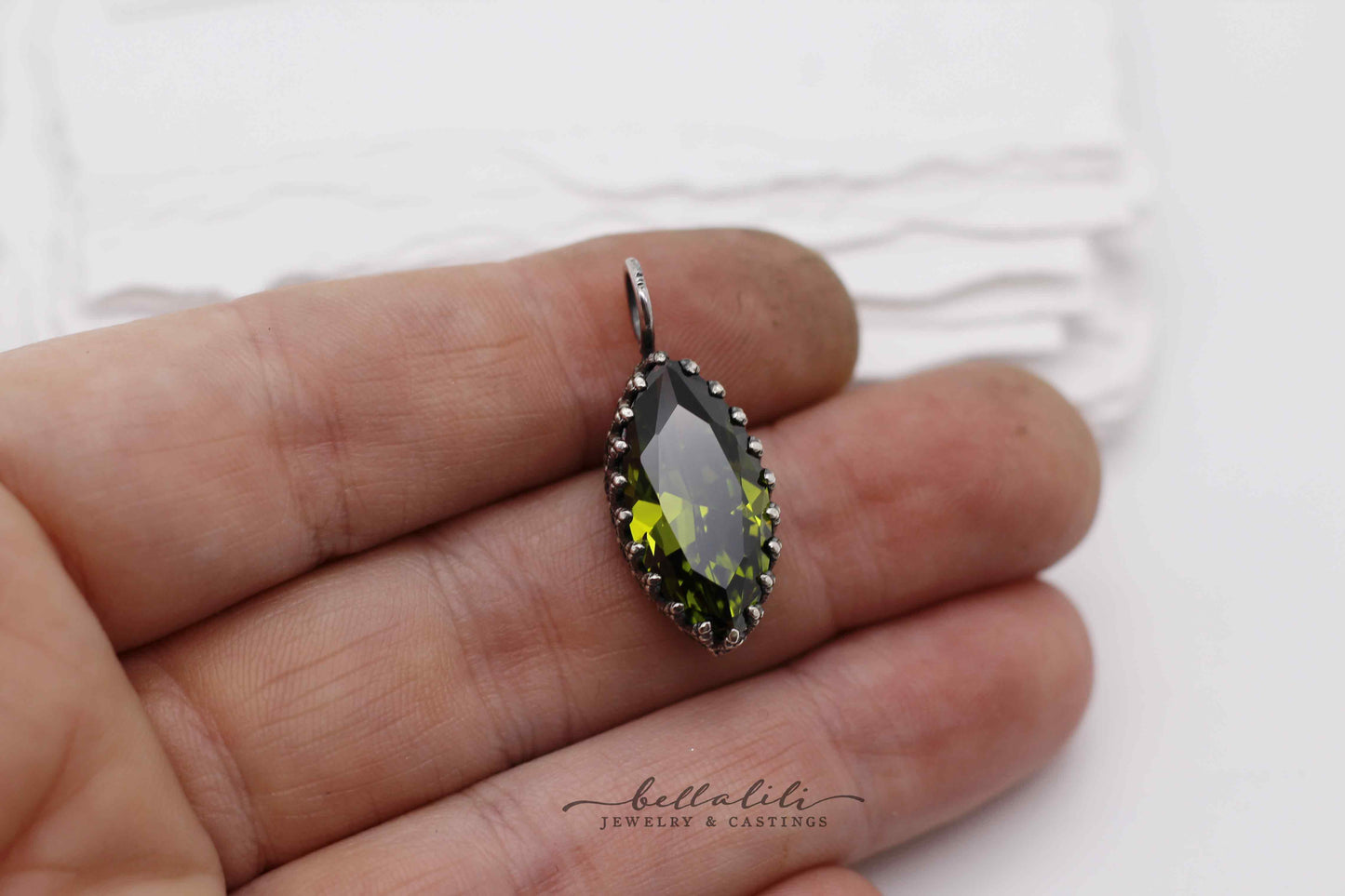 Olivine Marquise Charm Pendant, Lace Bezel