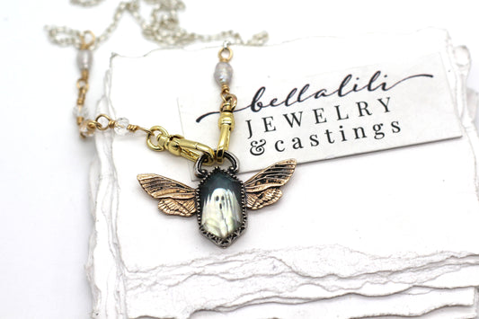 Ghosty Cicada Necklace, Sterling & gold