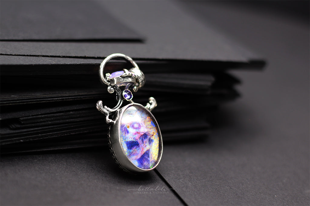 Purple/Orange/Green Zombie Opal Doublet Window Pendant in Sterling Silver