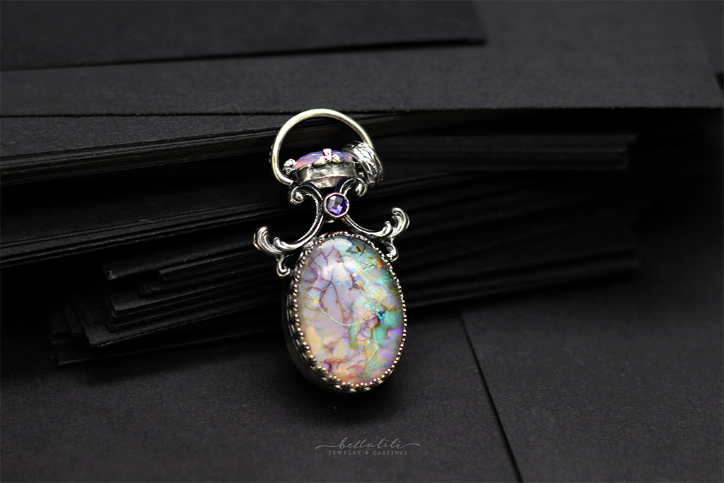 Purple/Orange/Green Zombie Opal Doublet Window Pendant in Sterling Silver