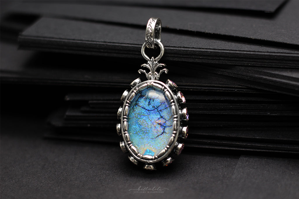 Blue/Purple/Green Ghost Skull Opal Doublet Window Pendant in Sterling Silver