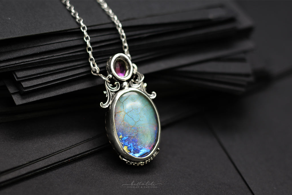 Purple/Blue/Green Ghost Skull Opal Doublet Window Pendant in Sterling Silver