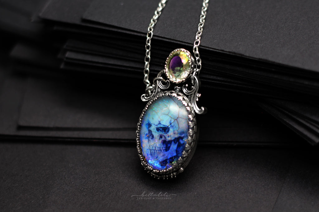 Purple/Blue/Green Ghost Skull Opal Doublet Window Pendant in Sterling Silver