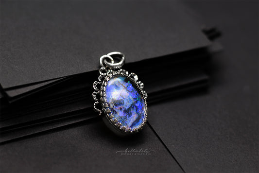 Deep Blue Ghost Skull Opal Doublet Window Pendant in Sterling Silver