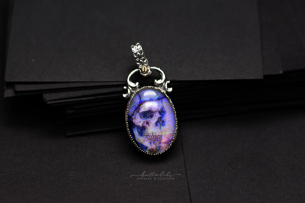 Purple Ghost Skull Opal Doublet Pendant in Sterling Silver