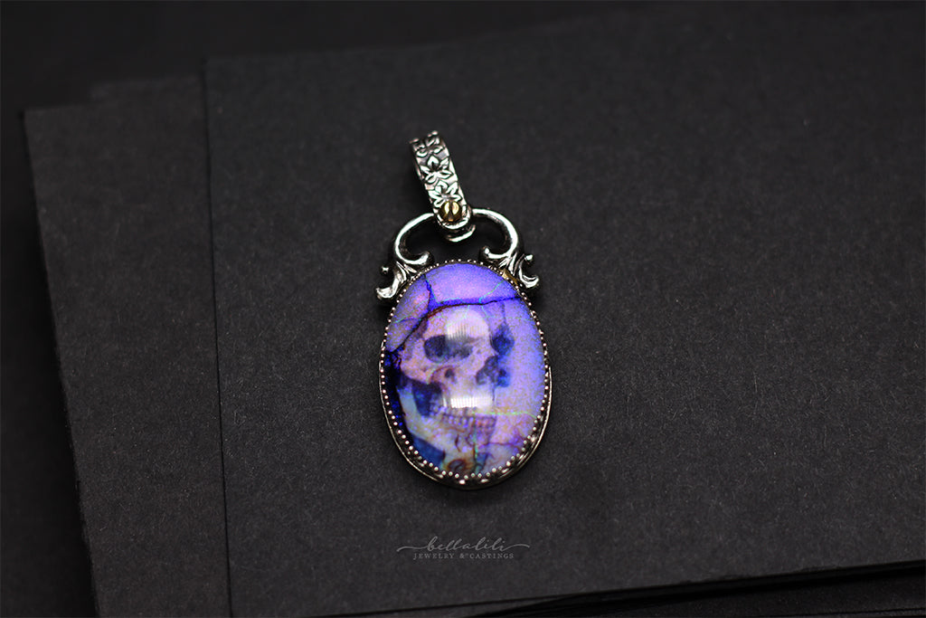 Purple Ghost Skull Opal Doublet Pendant in Sterling Silver