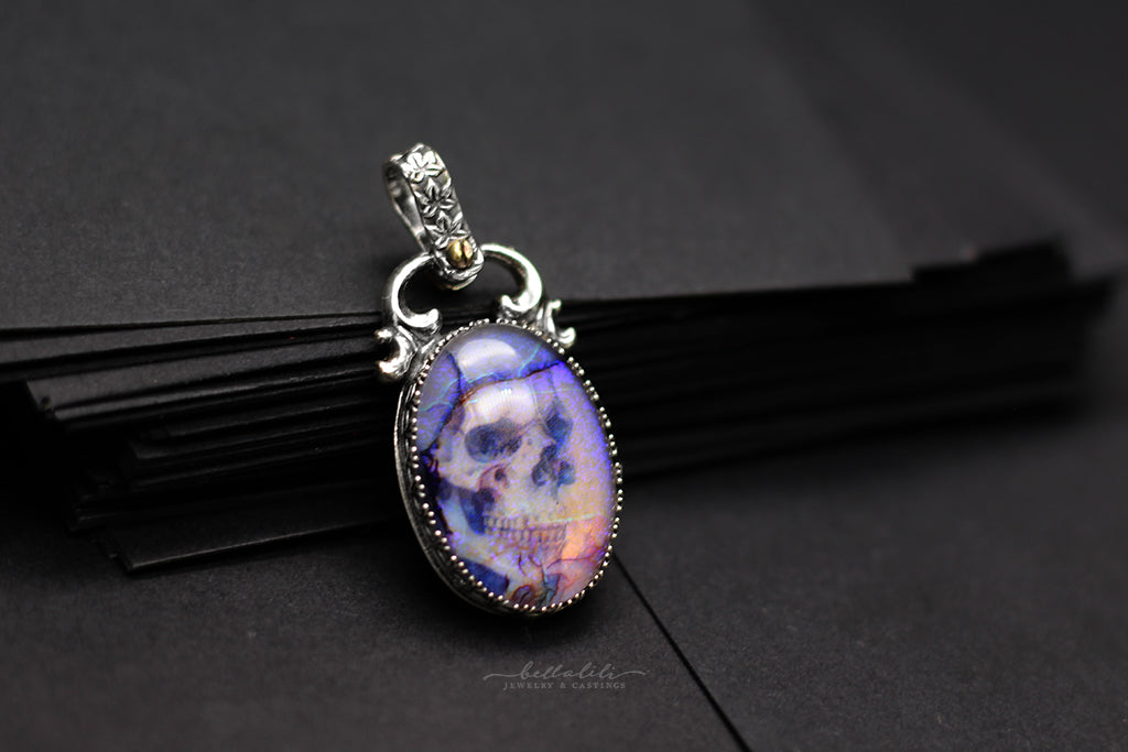 Purple Ghost Skull Opal Doublet Pendant in Sterling Silver