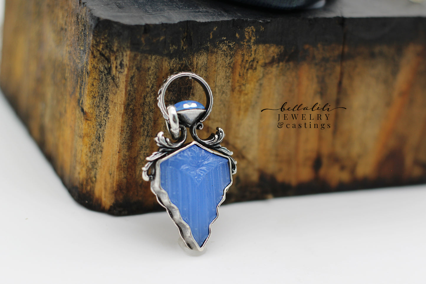 Blue Art Deco Pendant, Blue Vintage Glass Sterling Silver