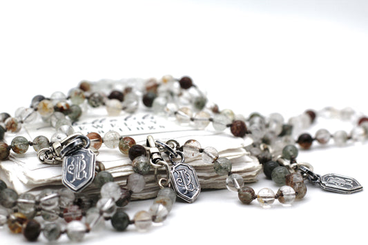 Mossveil Strand, hand knotted Green Phantom Quartz Necklace & Sterling Silver