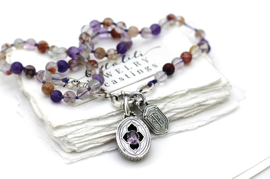 Thistleveil Strand, hand knotted Purple Phantom Quartz Necklace & Sterling Silver
