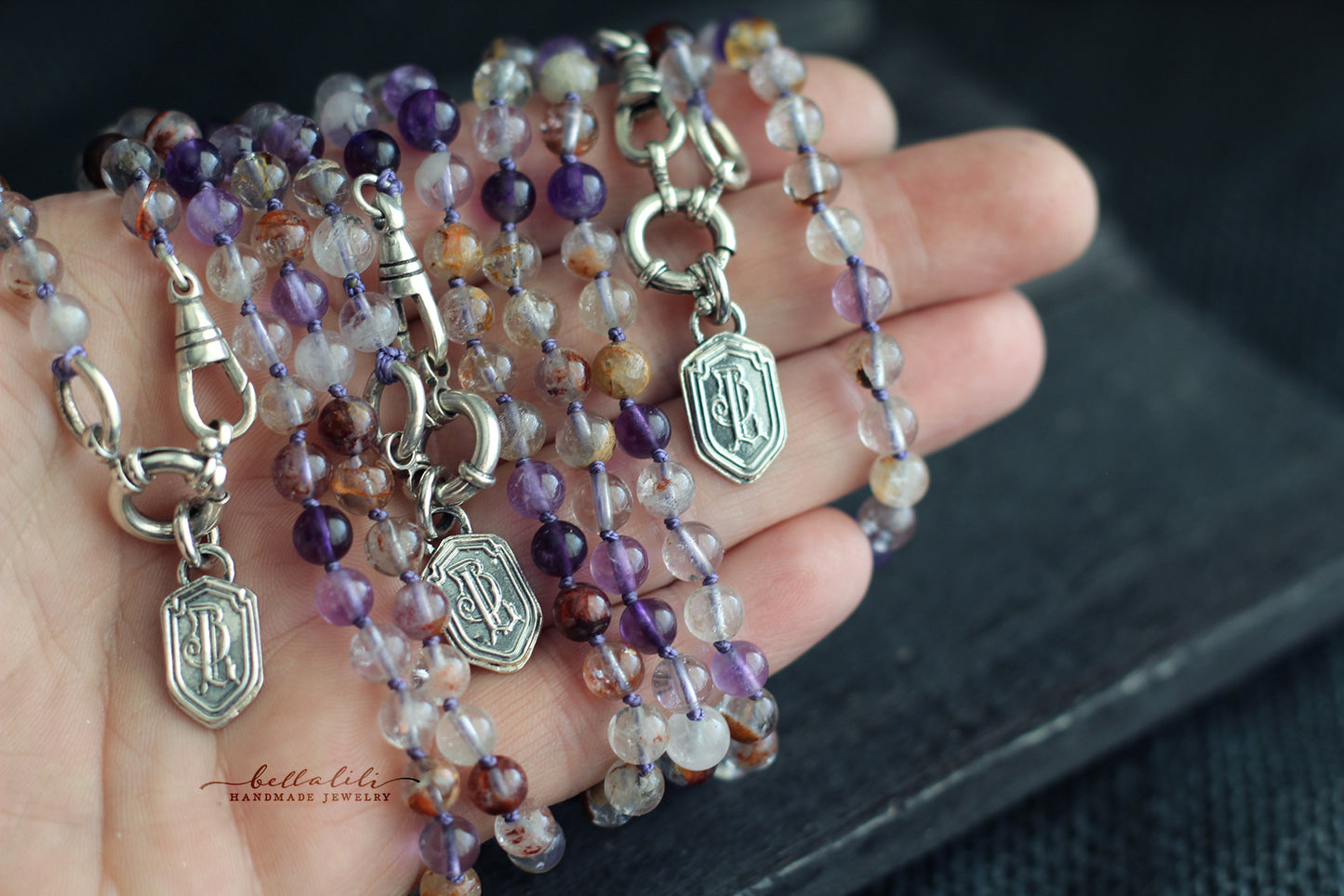 Thistleveil Strand, hand knotted Purple Phantom Quartz Necklace & Sterling Silver