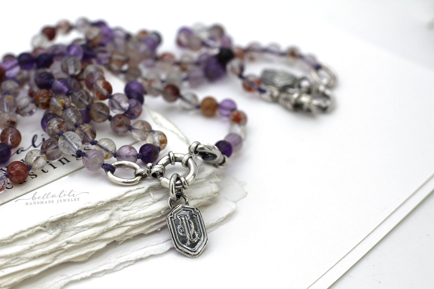 Thistleveil Strand, hand knotted Purple Phantom Quartz Necklace & Sterling Silver